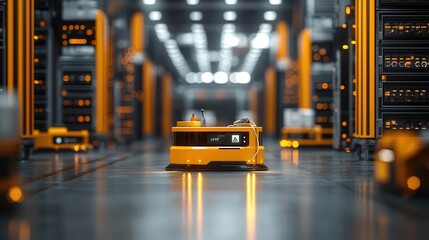Warehouse with autonomous robots interacting with facial recognitionequipped employees, demonstrating industrial tech evolution