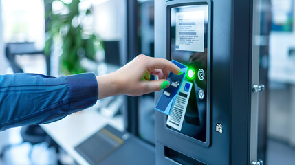 Employee scanning badge on security device for access control