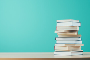 Fototapeta premium stack of books sits on wooden table against vibrant blue background, creating serene and studious atmosphere