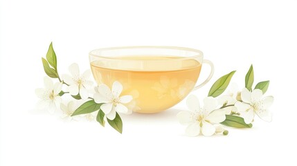 Jasmine tea cup with delicate white flowers and green leaves on a bright background, perfect for tea-related projects and healthy beverage themes.