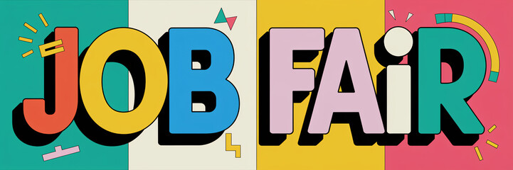 Bold Multicolored Typography Job Fair Poster with Geometric and Retro Design Elements
