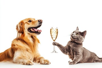 Golden retriever and cat toasting with champagne