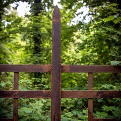 A close-up of a rusty, metal fence in park 