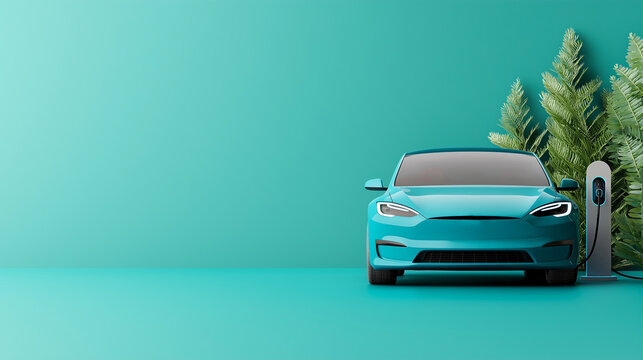 sleek blue electric car is charging at station, surrounded by lush green plants, set against vibrant teal background. scene conveys sense of modernity and eco friendliness