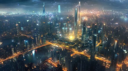 Fototapeta premium Futuristic city at night, aerial view, illuminated skyscrapers, glowing streets, and waterways.