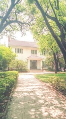 Fototapeta premium A serene pathway leading to a charming house surrounded by lush greenery.