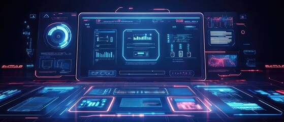 Obraz premium Futuristic digital dashboard interface with glowing displays showing data analysis and charts.