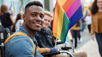 diverse group of people at pride parade, with focus on smiling man in wheelchair holding rainbow flag. atmosphere is joyful and inclusive