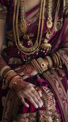 Fototapeta premium A traditional Indian saree in deep maroon, paired with multiple layers of heavy jewelry, including bangles, necklaces, and earrings, artistically arranged