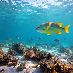 A vivid underwater scene in a wide shot showing colorful fish swimming among various marine debris, illustrated from an over-the-hip angle with deep focus to emphasize the pollution.