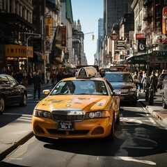 Fototapeta premium A yellow taxi stands out beautifully in an urban setting during the autumn season
