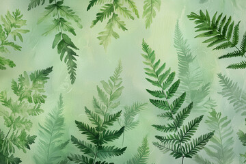 Lush green ferns create detailed pattern with soft hues, evoking sense of tranquility and connection to nature. This design is perfect for adding fresh touch to any space