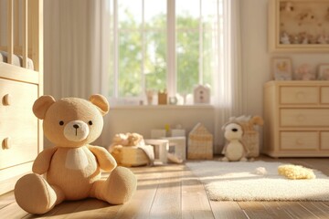 Empty wooden table inside the baby room with generative ai