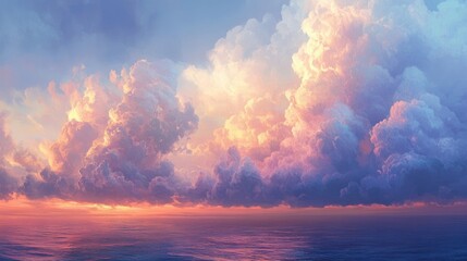 Vibrant sunset clouds reflecting warm hues over tranquil ocean waters, creating a serene and picturesque coastal sky scene.