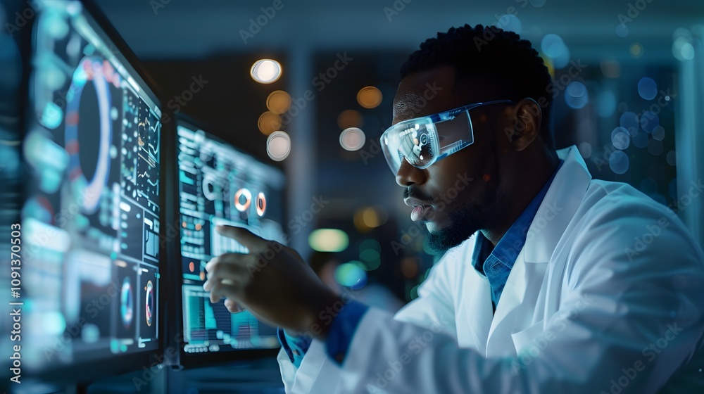 Aufkleber Focused Scientist in Lab Coat Analyzing Data on Multiple Monitors in Modern Research Laboratory Environment with Advanced Technology and Graphics