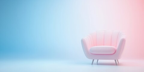 Fototapeta premium Stylish pink armchair against a soft blue and pink gradient background.