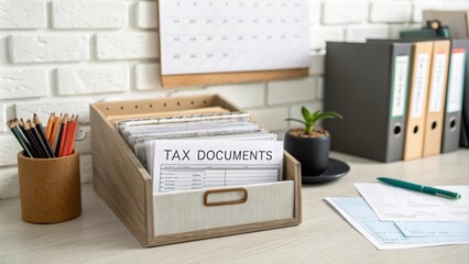 A quiet workspace with a personal file organizer labeled for tax documents with forms and receipts tucked inside.