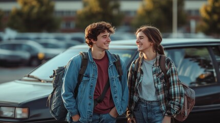 Fototapeta premium A teenage boy and girl wearing denim and flannel outfits, smiling and chatting in a school parking lot, evoking 90s fashion and vibe.