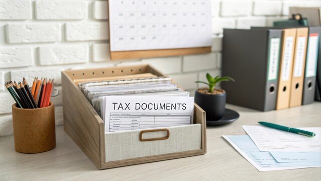 A quiet workspace with a personal file organizer labeled for tax documents with forms and receipts tucked inside.