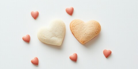 Obraz premium Two heart-shaped cookies surrounded by small pink hearts on a white background.
