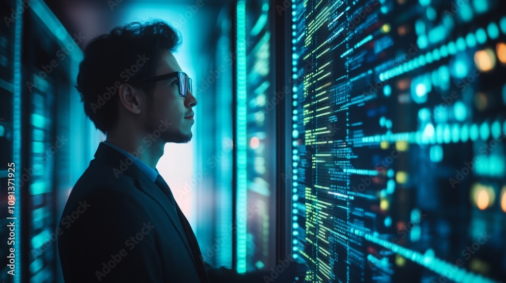 Aufkleber a young man dressed in formal attire observes glowing digital displays filled with statistics and da