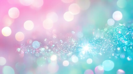 Obraz premium Soft mint pastel holographic background with shimmering bokeh lights in pink and blue hues, creating an ethereal and dreamy atmosphere.