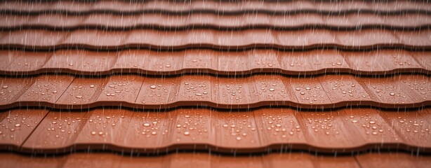 A close-up view of rain droplets on a terracotta tiled roof, capturing the essence of a rainy day.