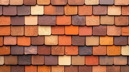 Fototapeta premium A detailed view of a colorful tile roof showcasing various shades of brown, orange, and cream tiles arranged neatly.