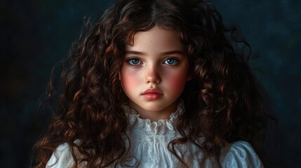 Fototapeta premium Enchanting portrait of a young girl with long, curly hair, striking blue eyes, and a delicate white outfit against a muted background.