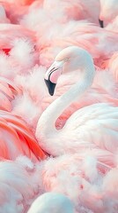 Fototapeta premium A serene scene of flamingos nestled among soft pink feathers.