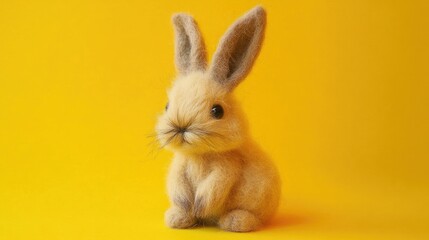 Fototapeta premium Handmade needle felted rabbit toy with a soft, scruffy texture sitting against a vibrant yellow background, ideal for art and craft enthusiasts.