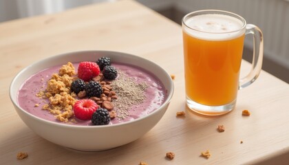 Photorealistic bowl of gut-friendly smoothie with chia seeds, fresh berries, and granola, next to kombucha glass on light wooden table, soft diffused light, pastel and earthy tones, rejuvenating vibe