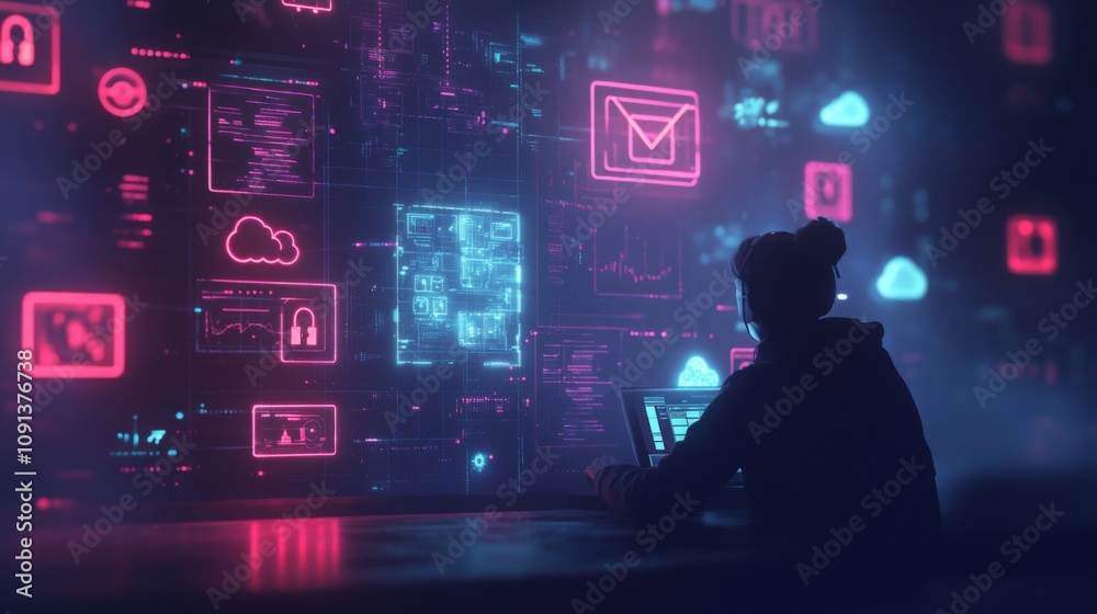Poster A person sits at a desk and uses a laptop in front of a wall displaying neon-colored icons and data. The person is silhouetted against the wall of data.