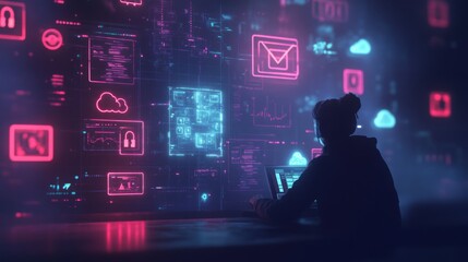 A person sits at a desk and uses a laptop in front of a wall displaying neon-colored icons and data. The person is silhouetted against the wall of data.