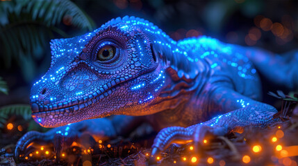 Obraz premium Blue Bioluminescent Lizard in a Mystical Forest 