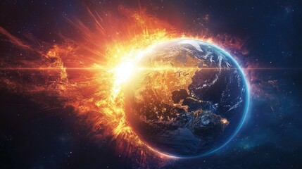 Obraz premium Vibrant depiction of a solar flare impacting Earth, showcasing dramatic fiery effects against a backdrop of deep space.