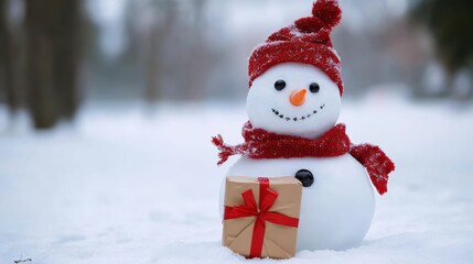 Obraz premium Joyful Snowman with Gift in Winter Wonderland - Festive snowman holding a gift, symbolizing winter, joy, holidays, generosity, and Christmas.