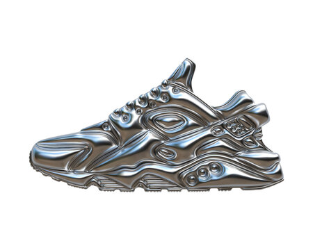 3d metallic liquid chrome sneaker shape in Y2K style with smooth, reflective surface. Isolated render for fashion, prints, cyberpunk, vaporwave, retro-futurism, and digital design projects