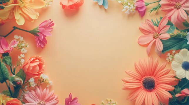 Colorful floral border on a soft orange background creating a cheerful greeting card design with ample space for personalized messages and wishes.