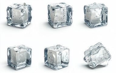 Obraz premium Set of clear ice cubes with realistic transparency and water droplets, isolated on a white background 