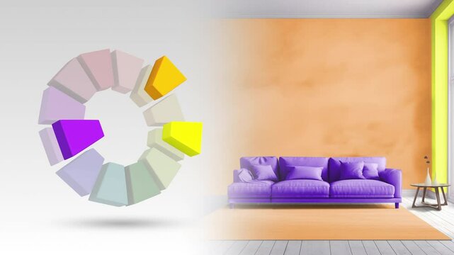 Split complementary color scheme of yellow,blue violet,orange for living interior