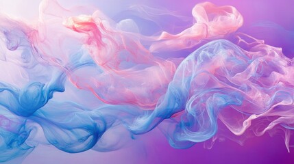 Fototapeta premium Elegant wisps of soft pink and blue smoke swirl gracefully against a vibrant purple background, creating a mesmerizing blend of color and motion.