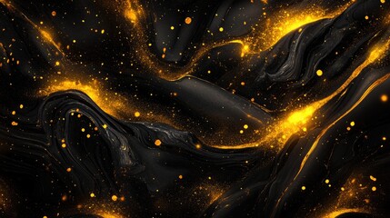 Obraz premium Fluid abstract ink painting showcasing rich black swirls interspersed with vibrant golden splashes and shimmering particles, creating a striking contrast and dynamic texture.