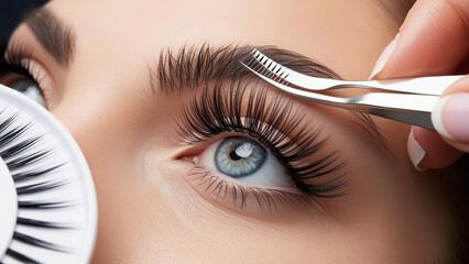 Eyelash extension application beauty studio cosmetic procedure modern environment close-up view self-care concept