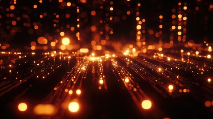 Obraz premium Vibrant visualization of a vast network featuring luminous binary nodes interconnected by radiant glowing lines and dynamic sparks.