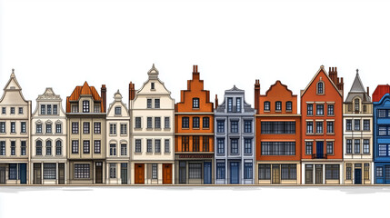 Naklejka premium Colorful row of traditional Dutch houses reflecting unique architectural styles in a charming urban setting with a clear sky
