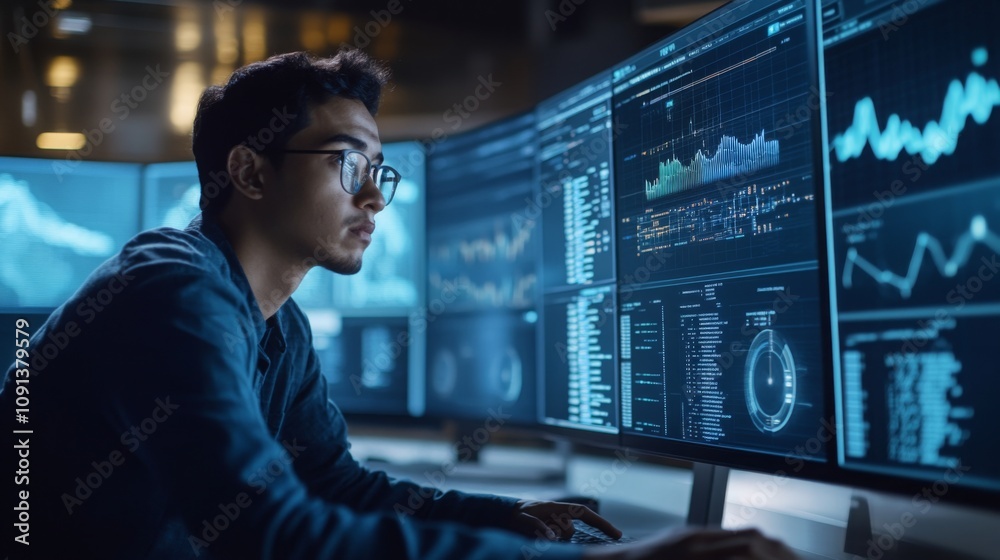 Poster A man sits at a computer, looking intently at data displayed on multiple monitors. The screens show graphs, charts, and other information, suggesting he is working on a data-intensive project.