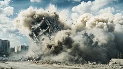 A colossal building collapses in a spectacular explosion, sending plumes of thick smoke and debris into the sky, creating a dramatic and intense atmosphere of destruction.