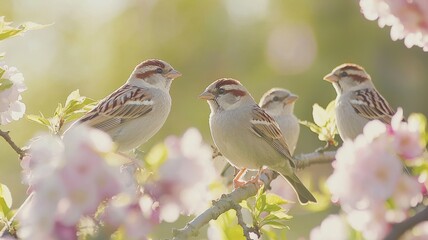 Sparrows Perched on Branch with Blossoms