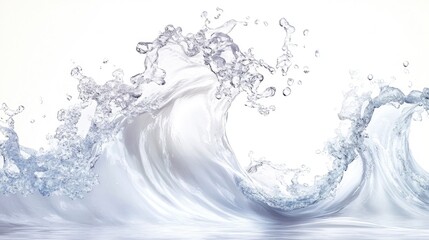Dynamic white wave splashing with droplets and splatters, creating an artistic display against a smooth, clean white background.